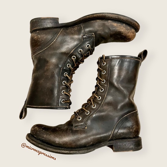 Frye Veronica Combat Distress Black Brown Tumbled Leather Laced Combat AnkleBoot - Picture 10 of 16